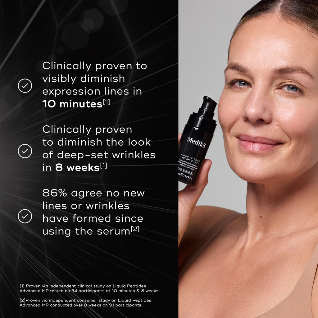 Woman holding a Medik8 Liquid Peptides Advanced MP serum bottle with text about its effectiveness on skin lines and wrinkles.