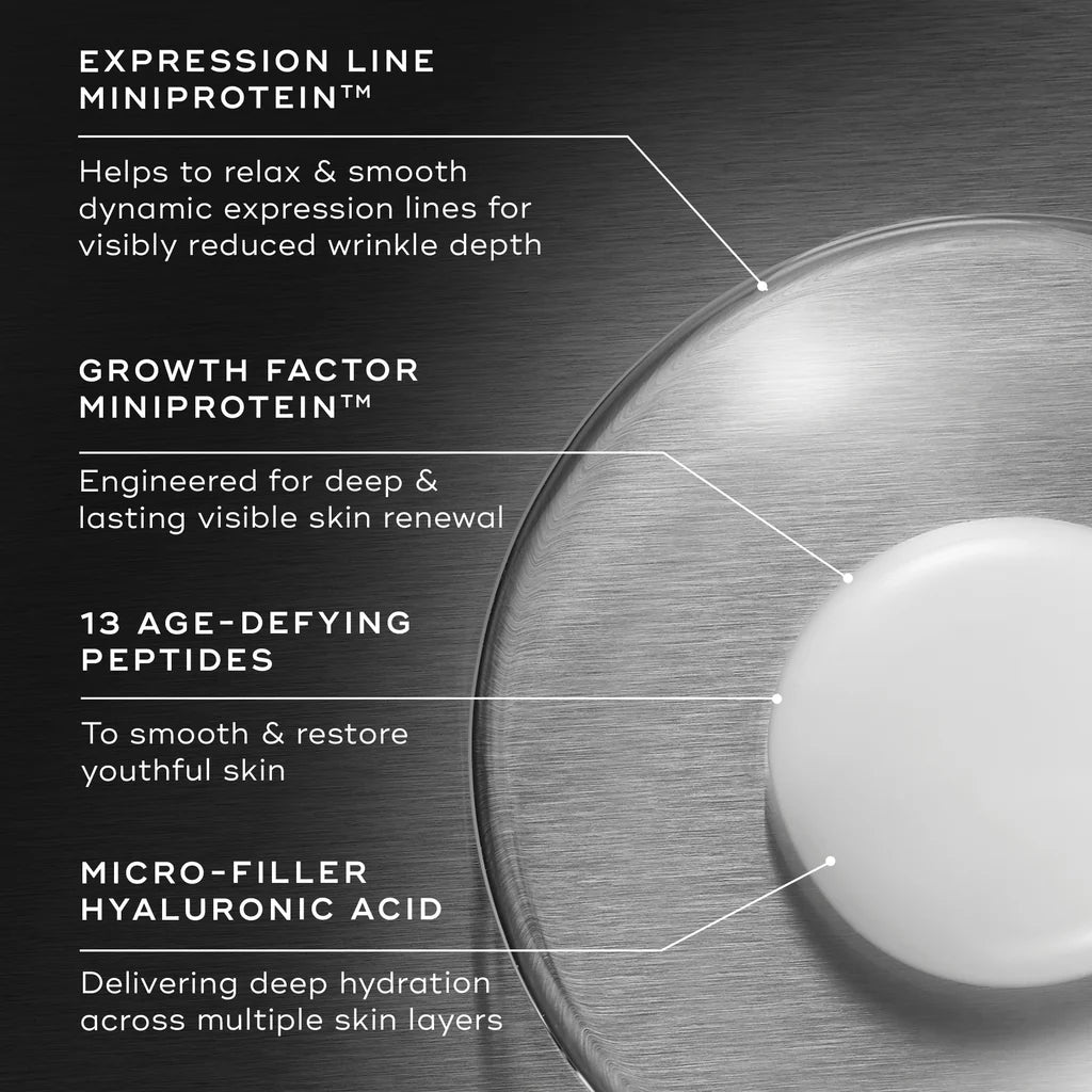Medik8 Liquid Peptides Advanced MP with text detailing its ingredients and benefits on a dark background