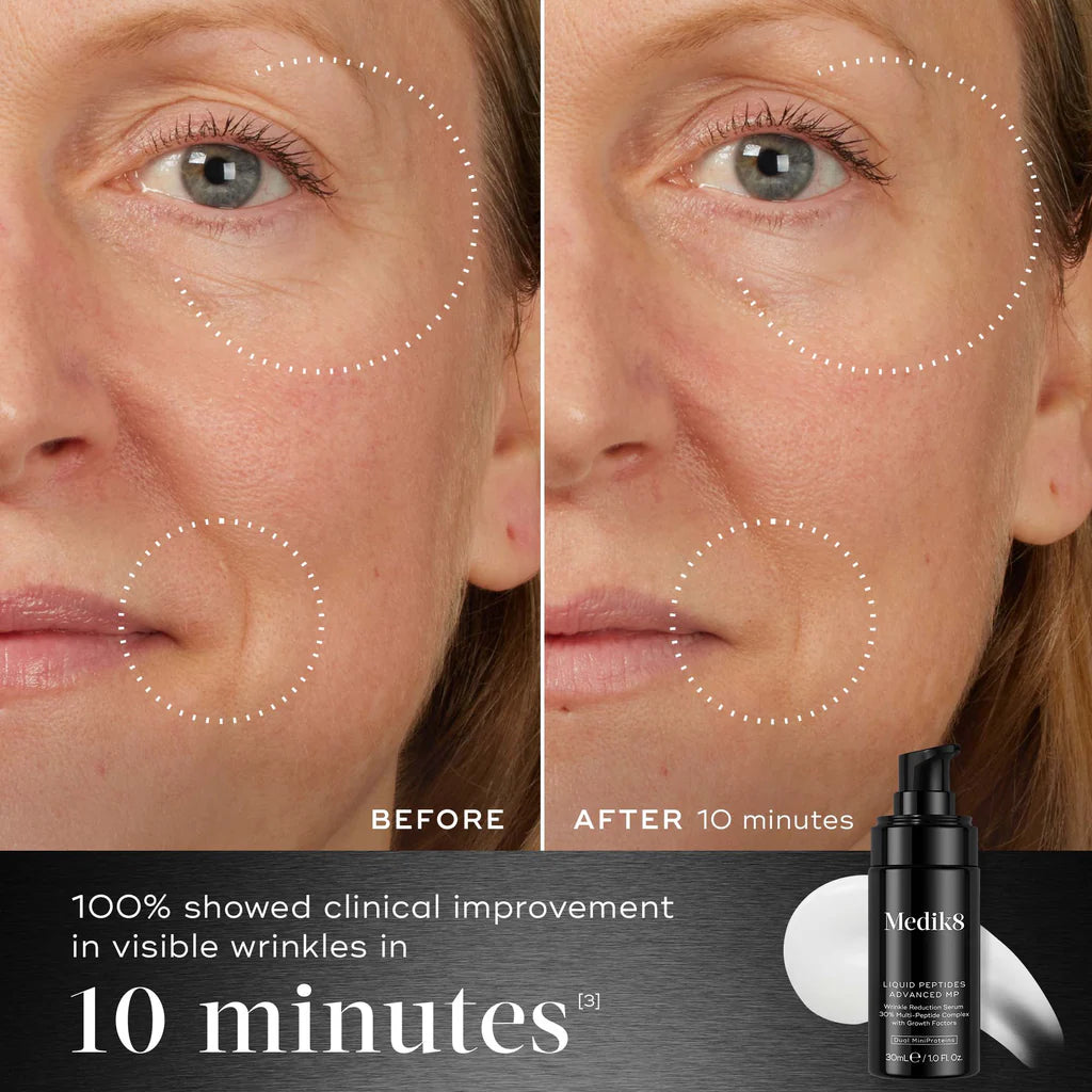 Before and after comparison of a woman's face with visible wrinkles, showing clinical improvement with a Medik8 Liquid Peptides Advanced MP product.