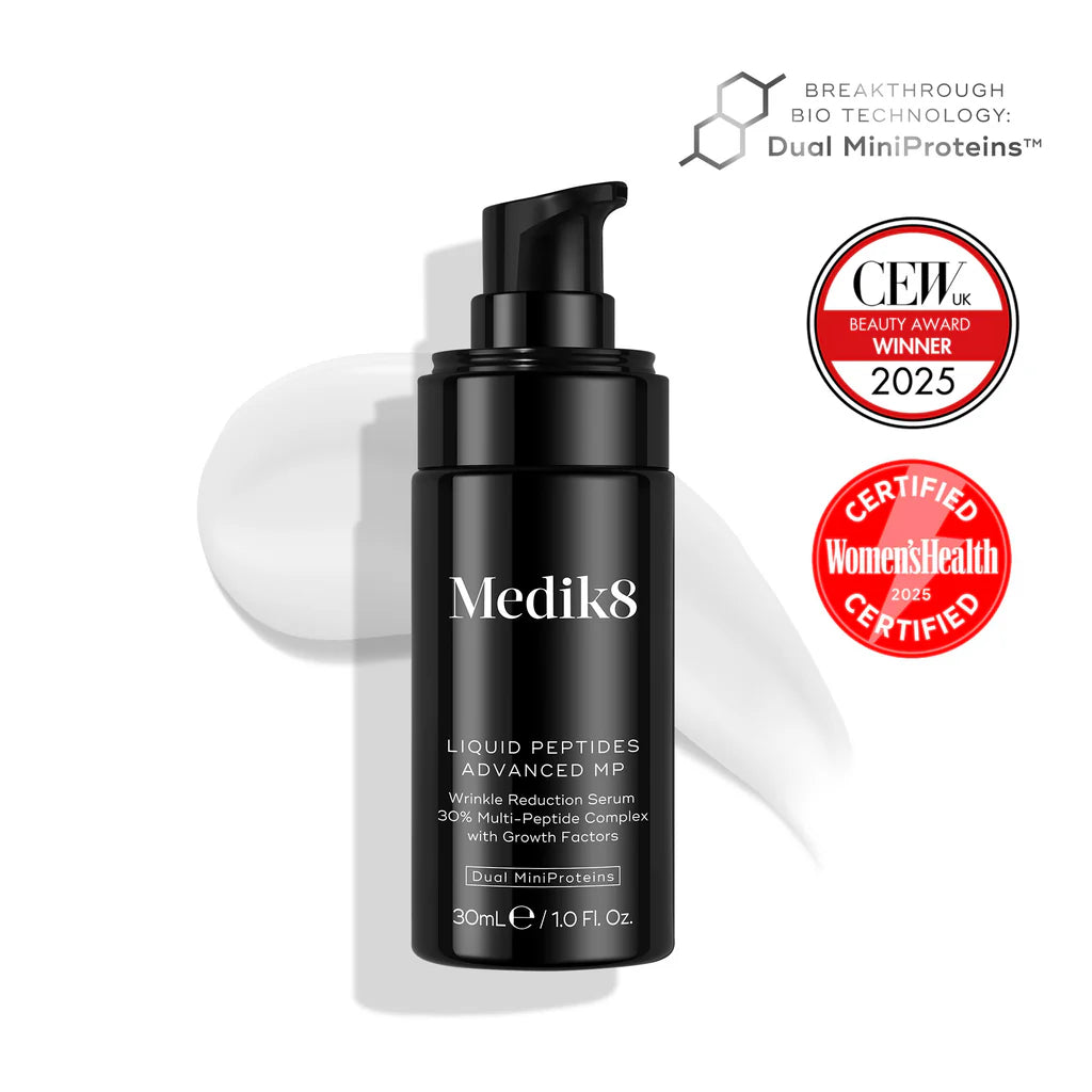 Medik8 Liquid Peptides Advanced MP serum bottle with awards on a white background