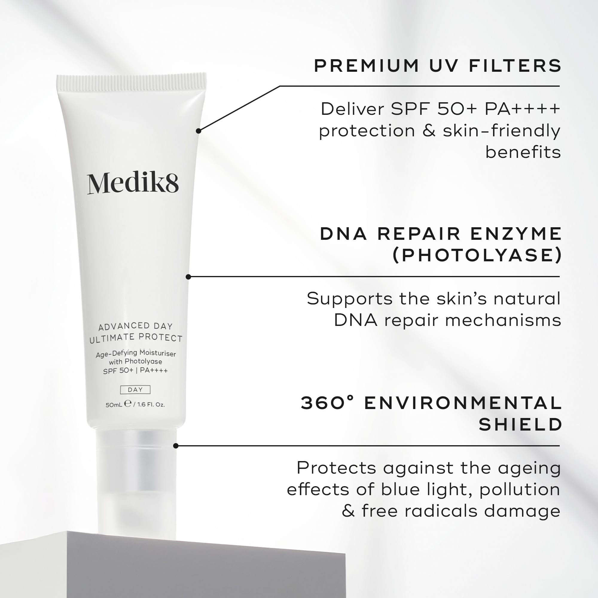 Medik8 skincare product with features highlighted on a white background