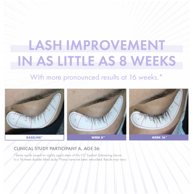 Eyelash improvement before and after images with text indicating results in 8 weeks.
