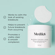 Medik8 blemish control pads with text on a light green background