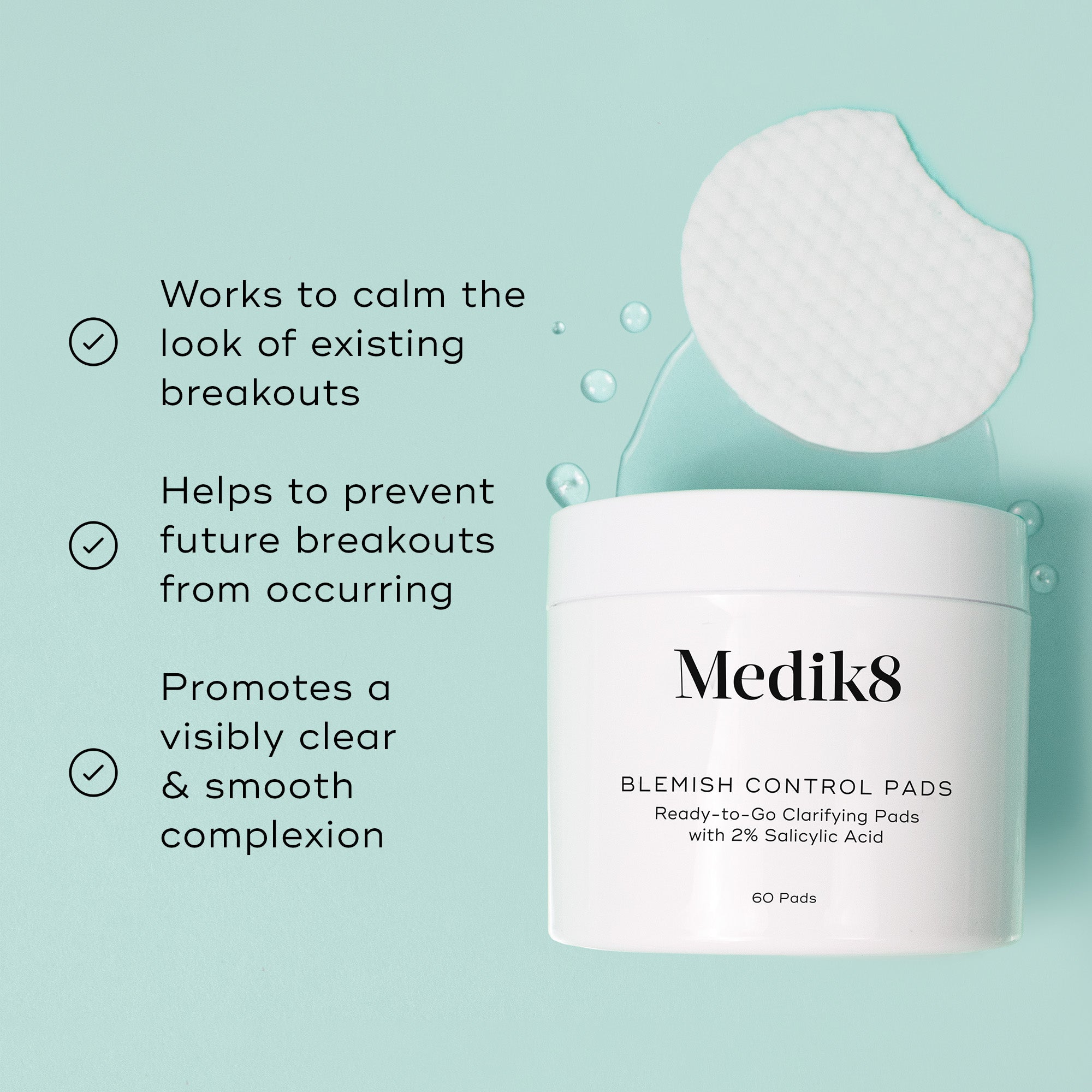 Medik8 blemish control pads with text on a light green background