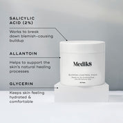 Medik8 blemish control pads with text on salicylic acid, allantoin, and glycerin benefits.