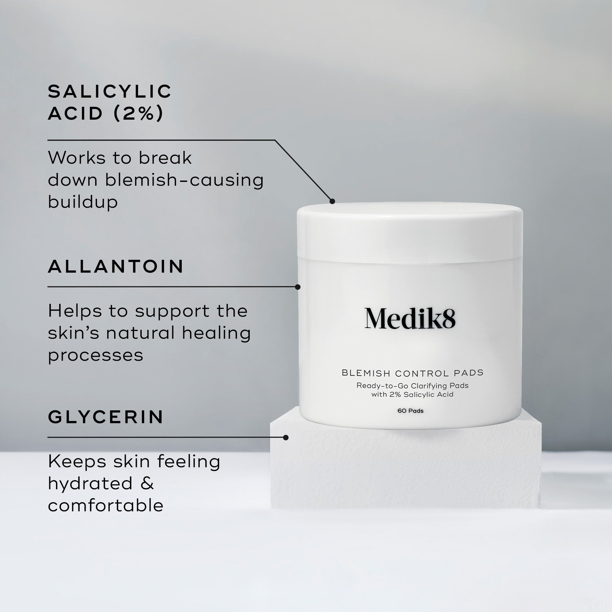 Medik8 blemish control pads with text on salicylic acid, allantoin, and glycerin benefits.