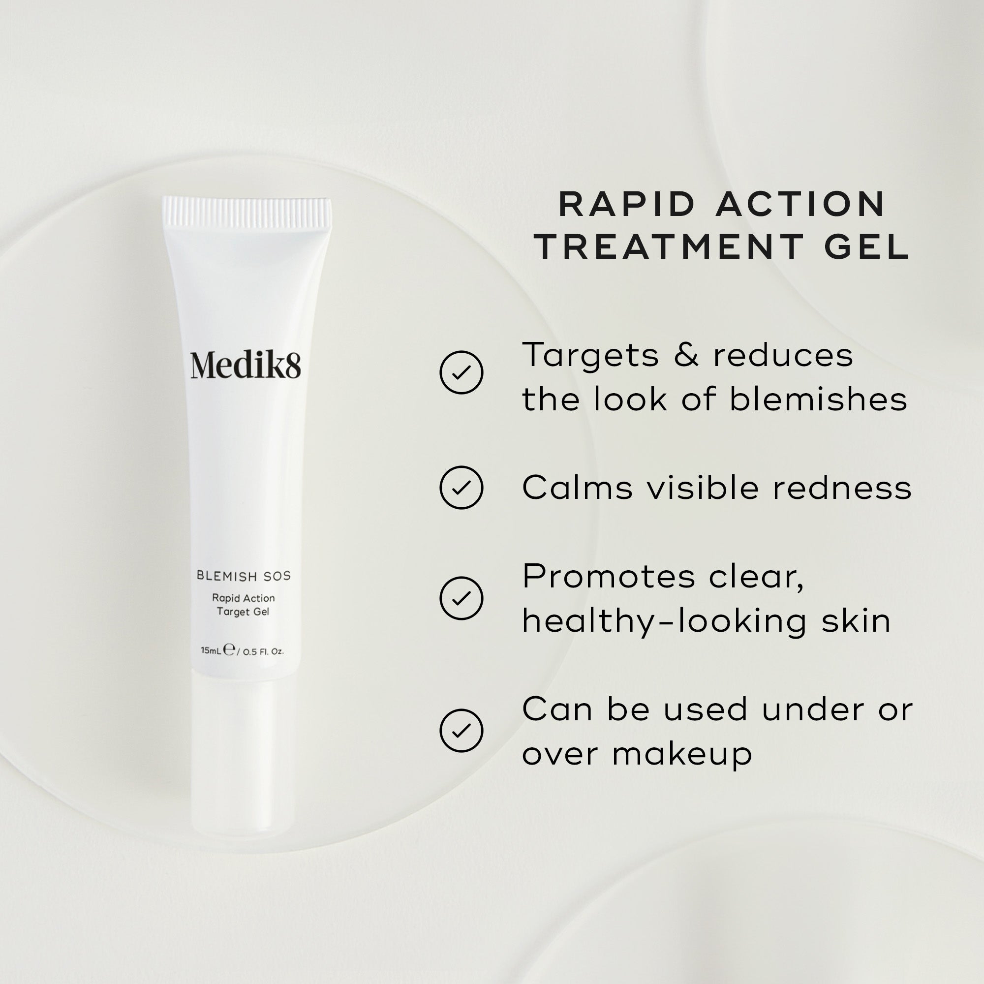Medik8 Rapid Action Treatment Gel packaging with product benefits on a cream background