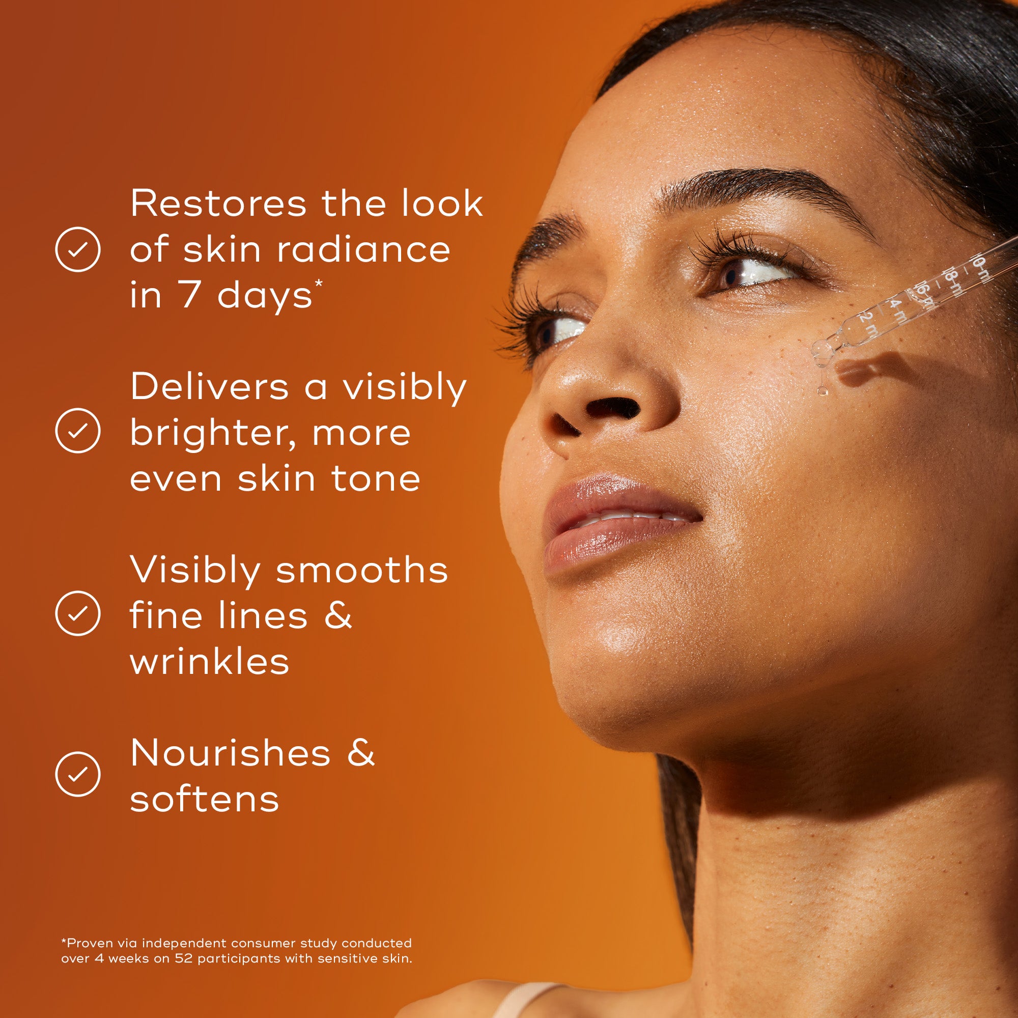 A woman applying Medik8 C-Tetra Liquid Vitamin C Radiance Serum alongside key benefits