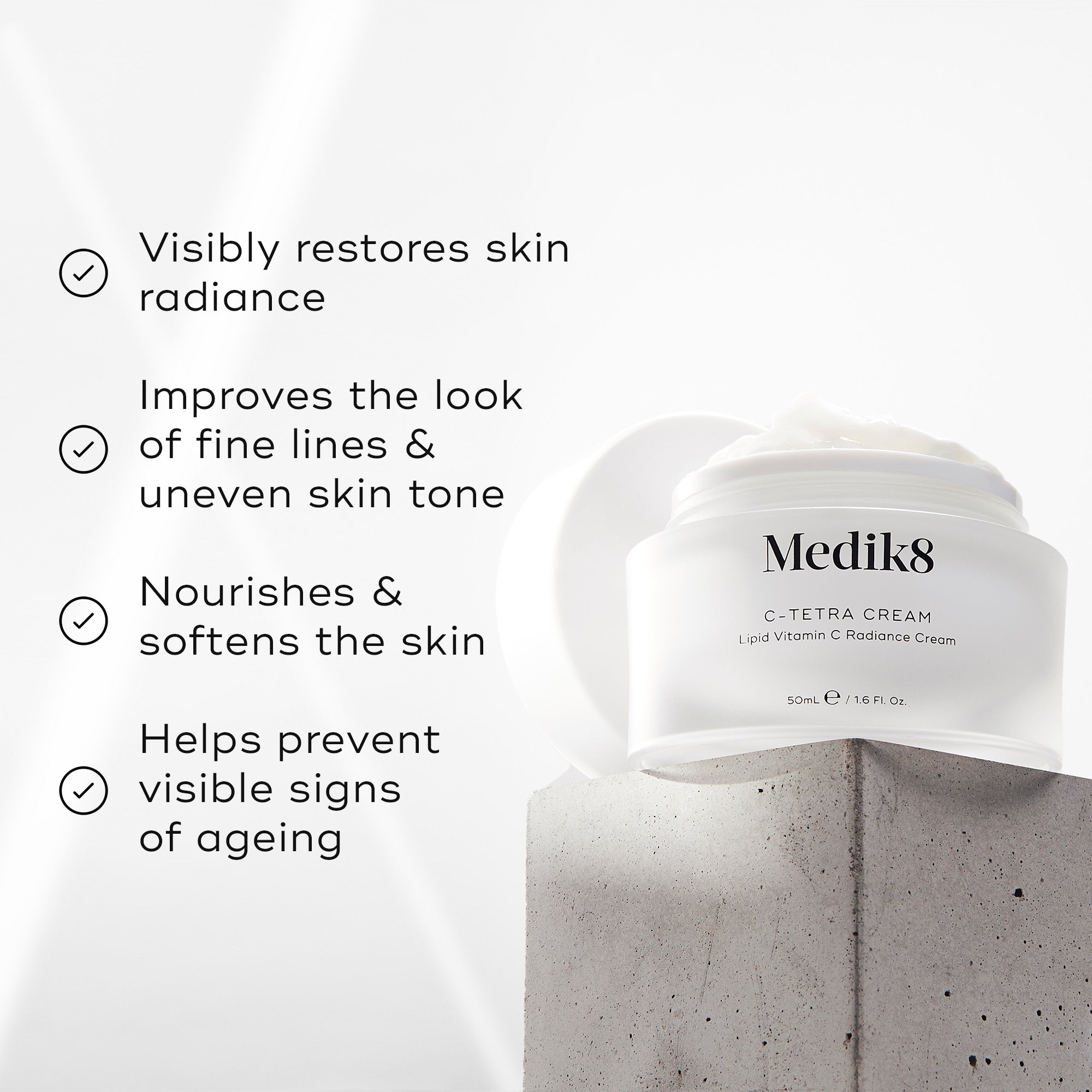A jar of Medik8 C-Tetra Cream listed alongside key clinical benefits
