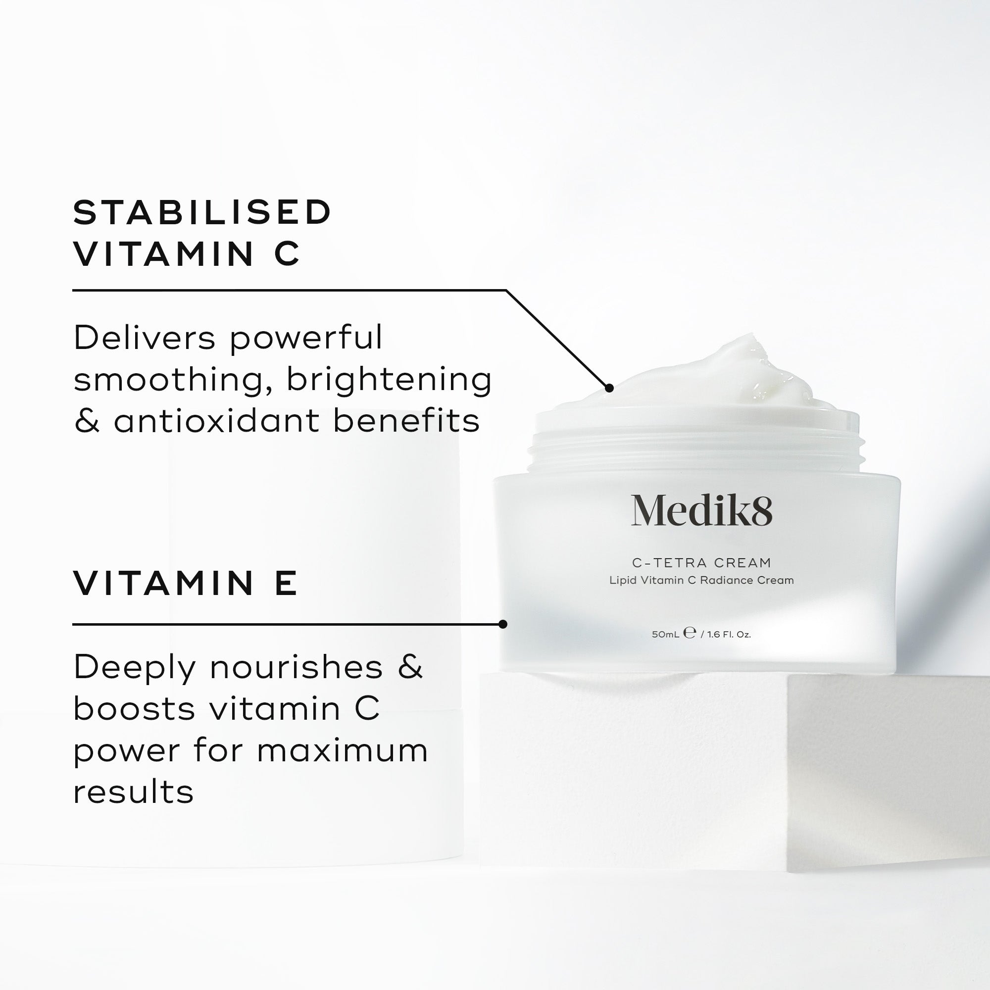 A jar of Medik8 C-Tetra Cream alongside key benefits