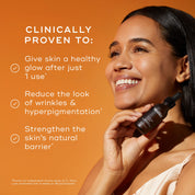Woman holding a Medik8 C-Tetra Luxe serum bottle alongside key clinical benefits 