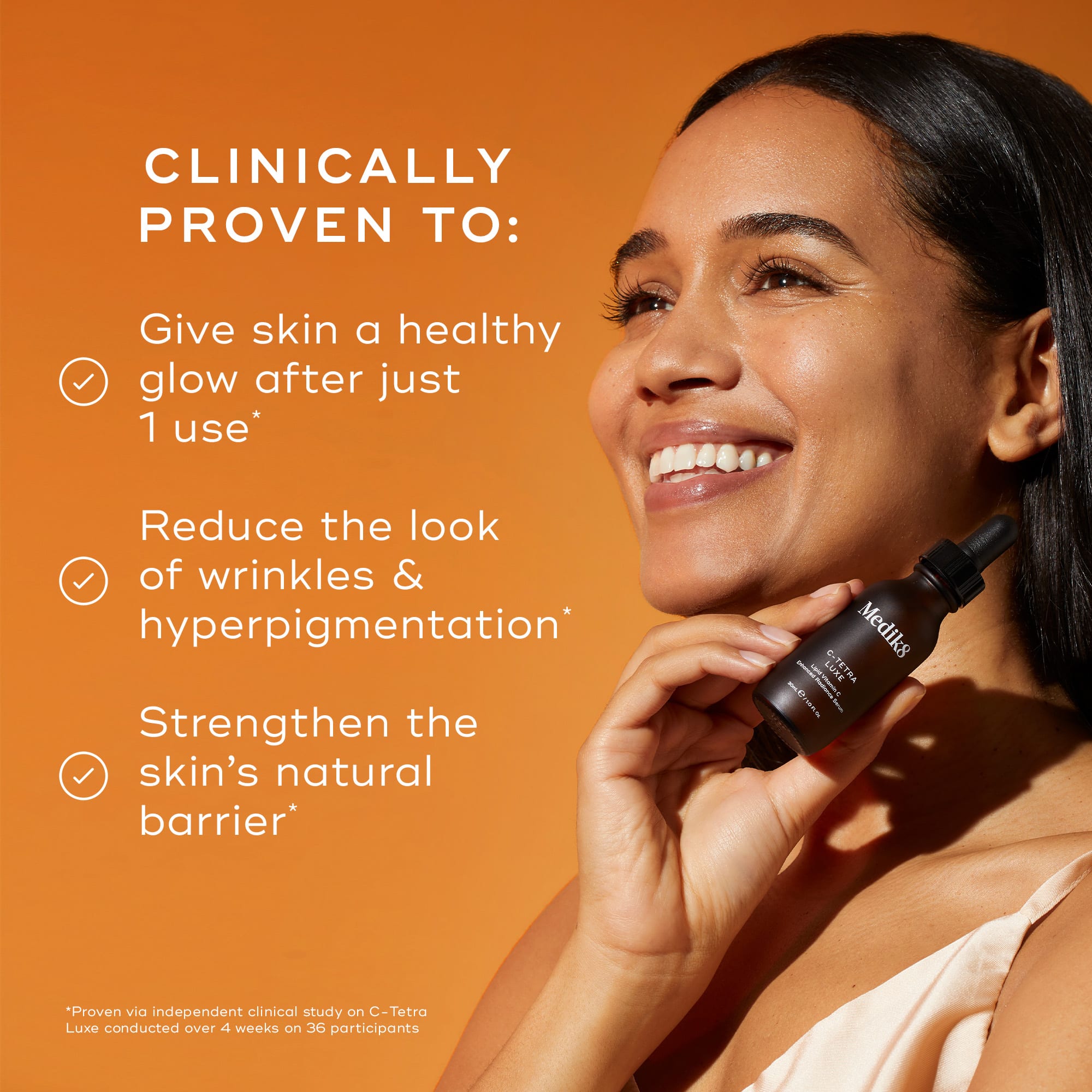 Woman holding a Medik8 C-Tetra Luxe serum bottle alongside key clinical benefits 