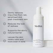 A pump bottle of Medik8 Calmwise Soothing Cleanser 150ml, alongside key benefits