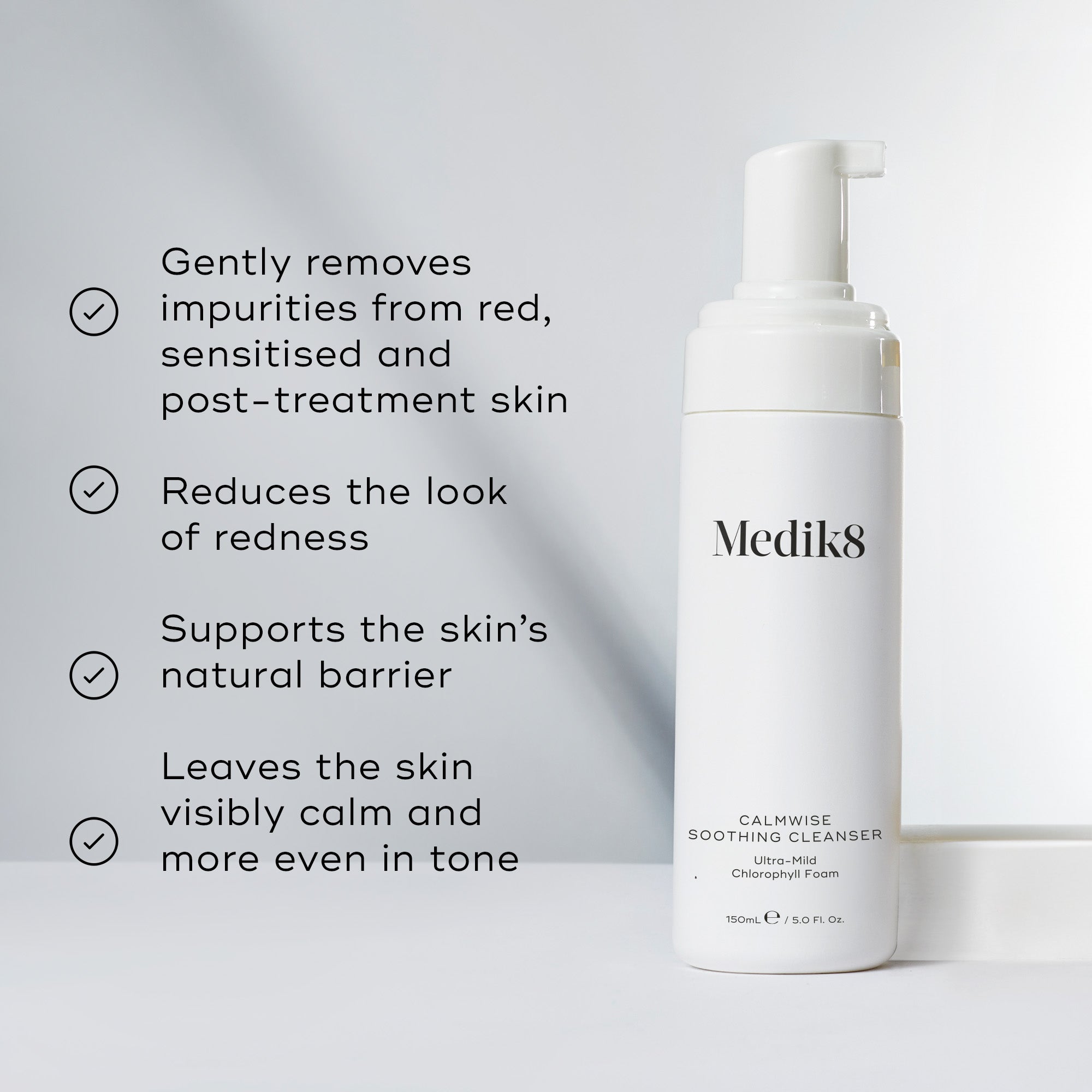 A pump bottle of Medik8 Calmwise Soothing Cleanser 150ml, alongside key benefits