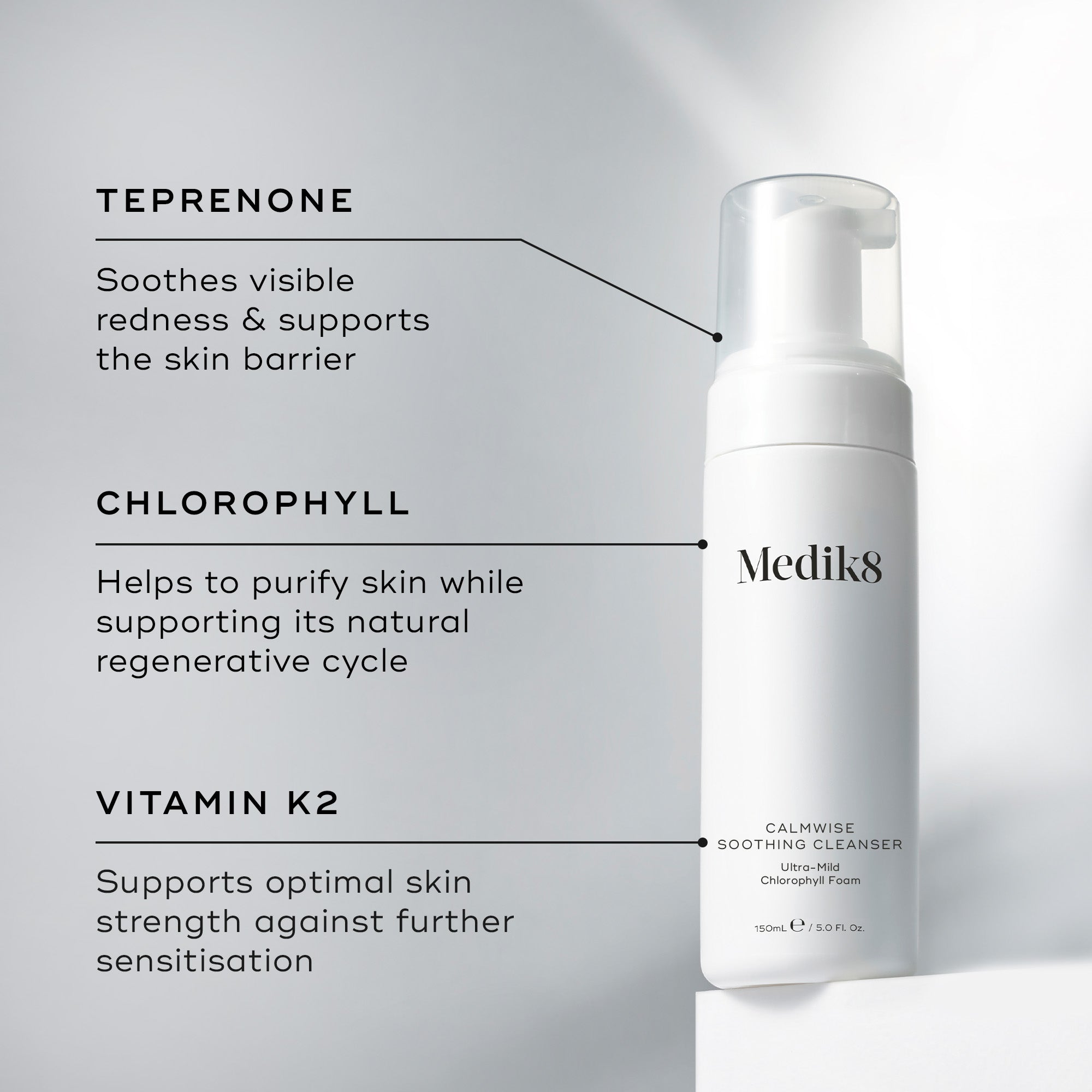 A pump bottle of Medik8 Calmwise Soothing Cleanser 150ml, alongside key ingredients
