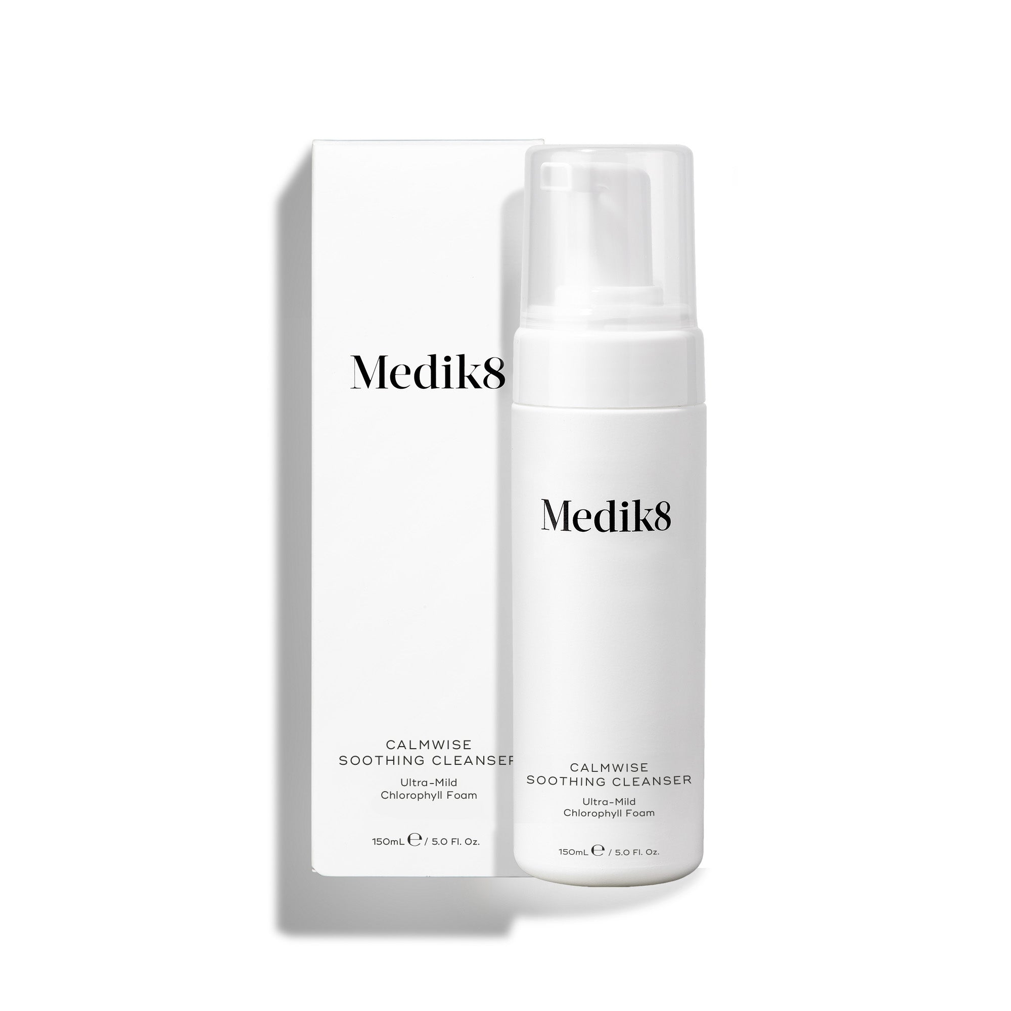 A pump bottle of Medik8 Calmwise Soothing Cleanser 150ml, alongside a box