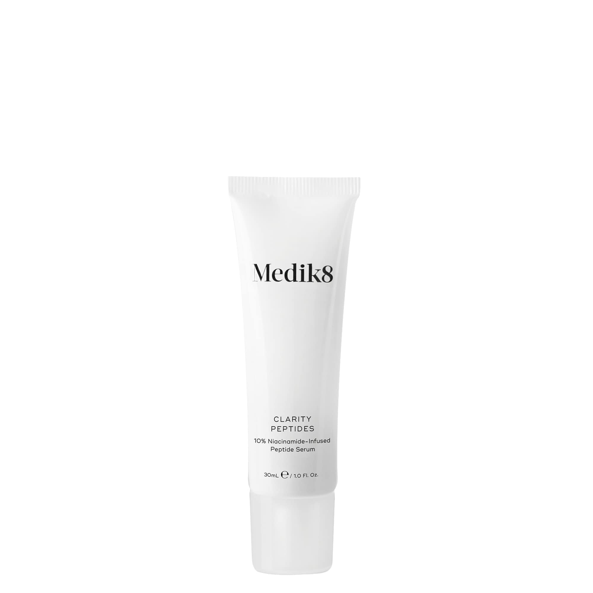 A white tube of Medik8 Clarity Peptides serum against a plain background.