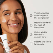 A woman applying Medik8 Clarity Peptides serum alongside key benefits
