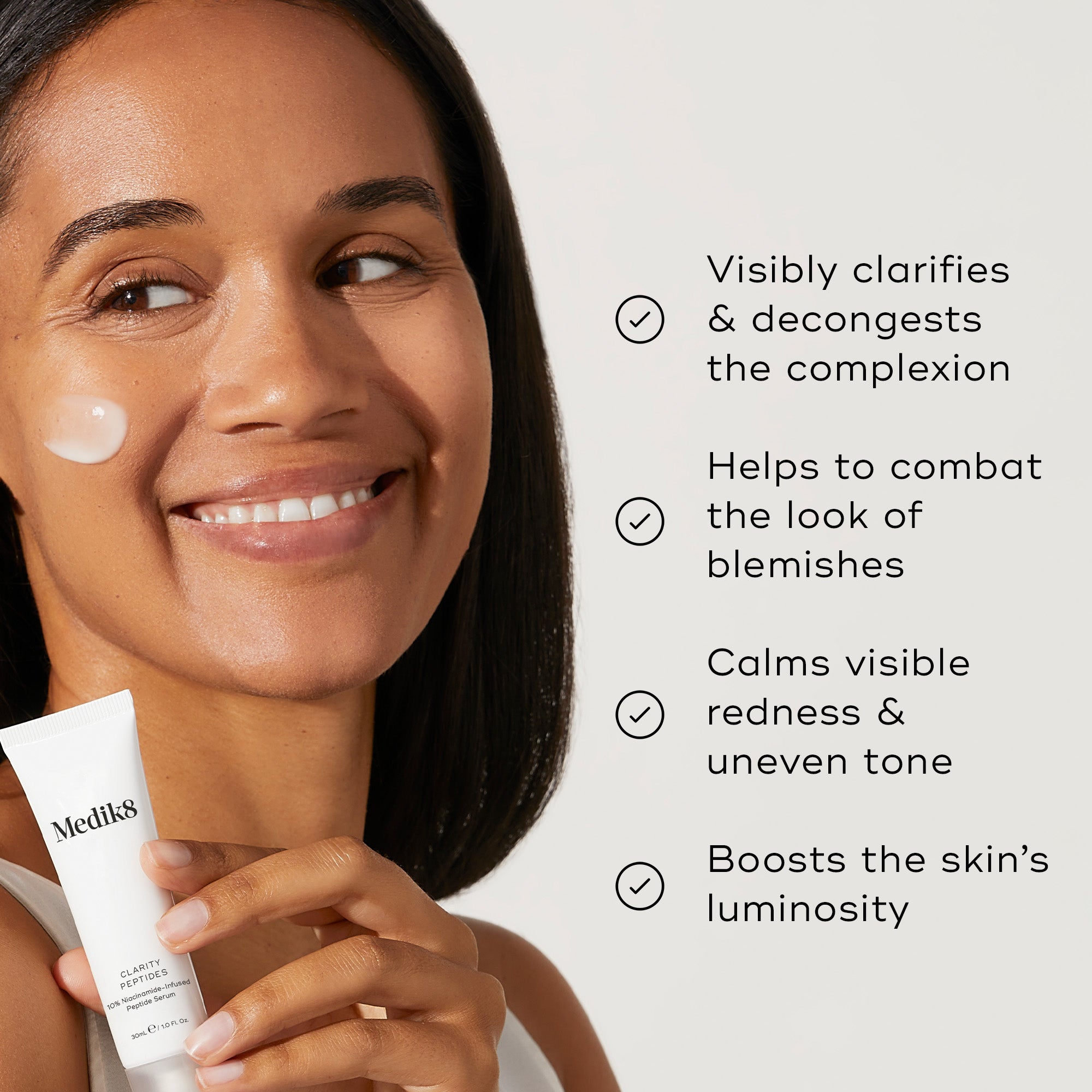 A woman applying Medik8 Clarity Peptides serum alongside key benefits