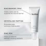 A tube of Medik8 Clarity Peptides serum alongside key ingredients 