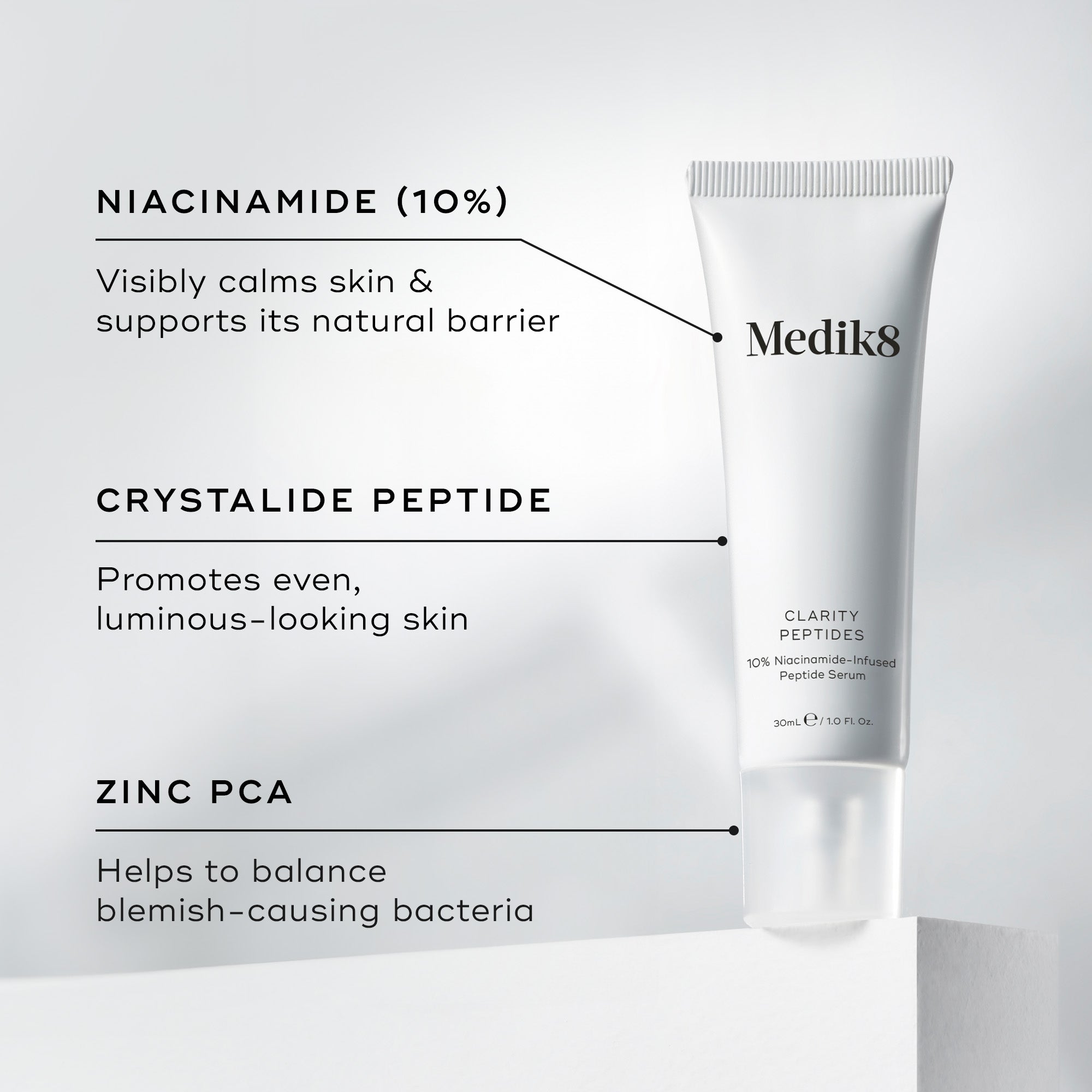 A tube of Medik8 Clarity Peptides serum alongside key ingredients 