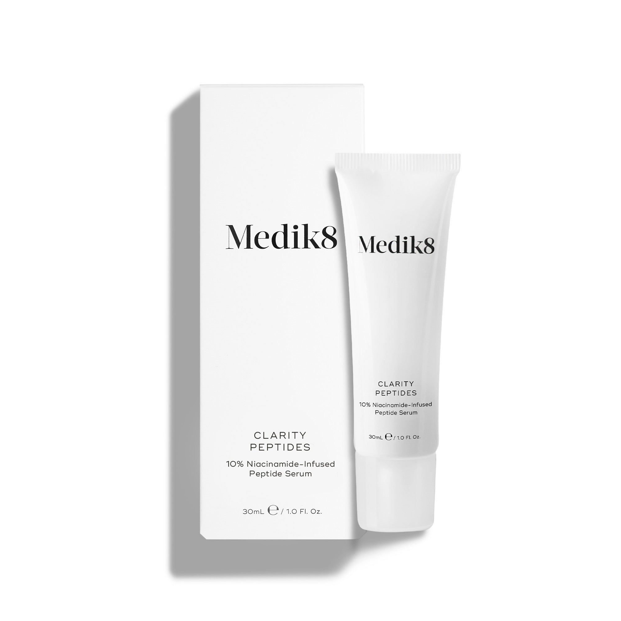 A tube and box of Medik8 Clarity Peptides serum