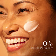 Woman with Medik8 C-Tetra serum applied to her face, with text about barrier disruption.