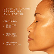 Advertisement for Medik8 C-Tetra serum product with a side profile of a person's face and text about skin aging prevention.