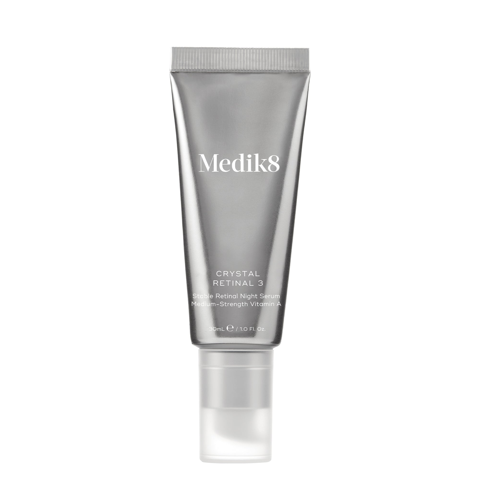 A tube of Medik8 Crystal Retinal 3 face serum against a white background.