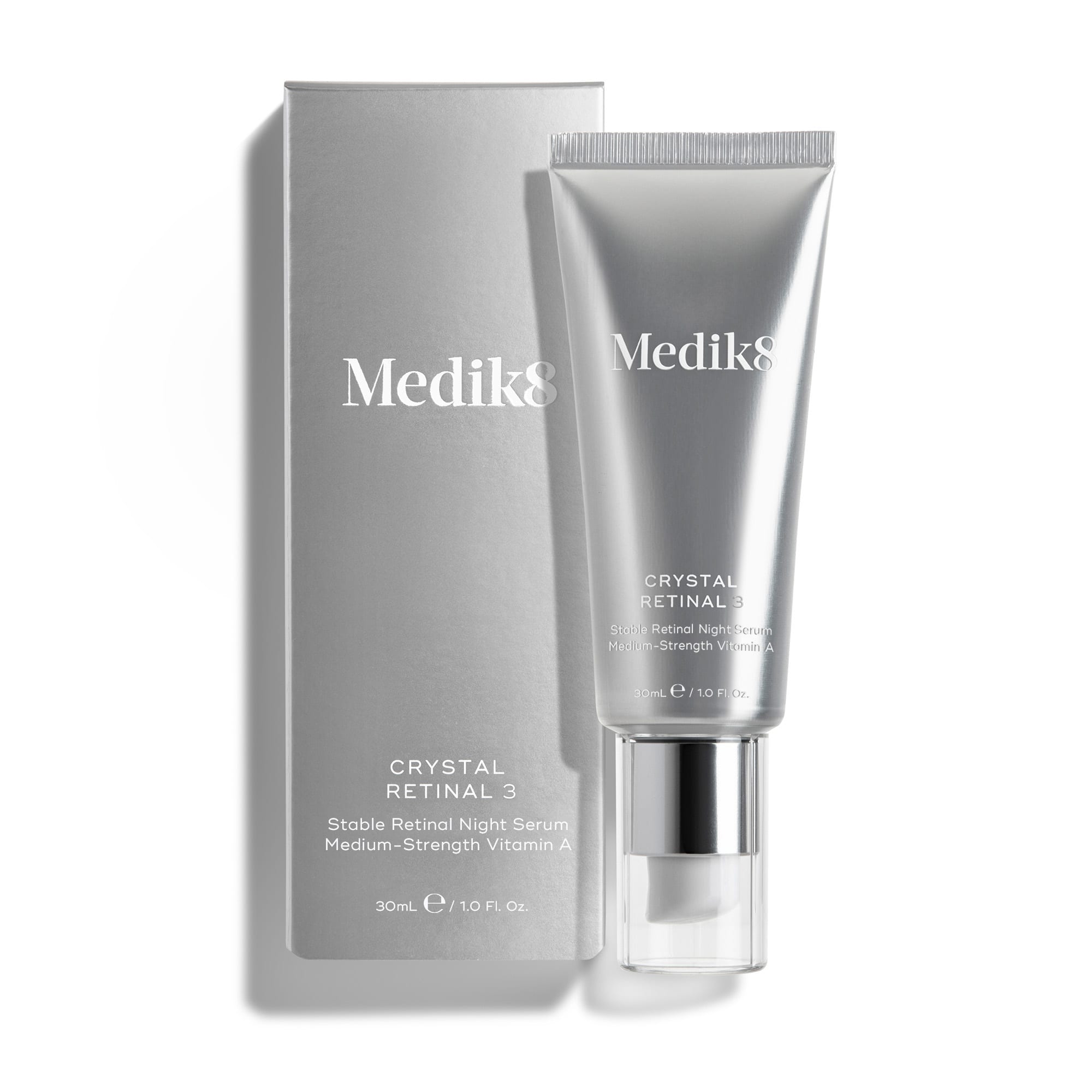 A tube and box of Medik8 Crystal Retinal 3 face serum against a white background.