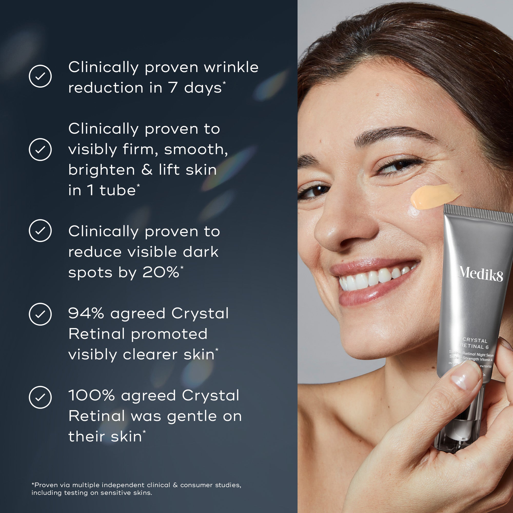 A tube of Medik8 Crystal Retinal face serum with woman applying Medik8 Crystal Retinal face serum alongside key benefits