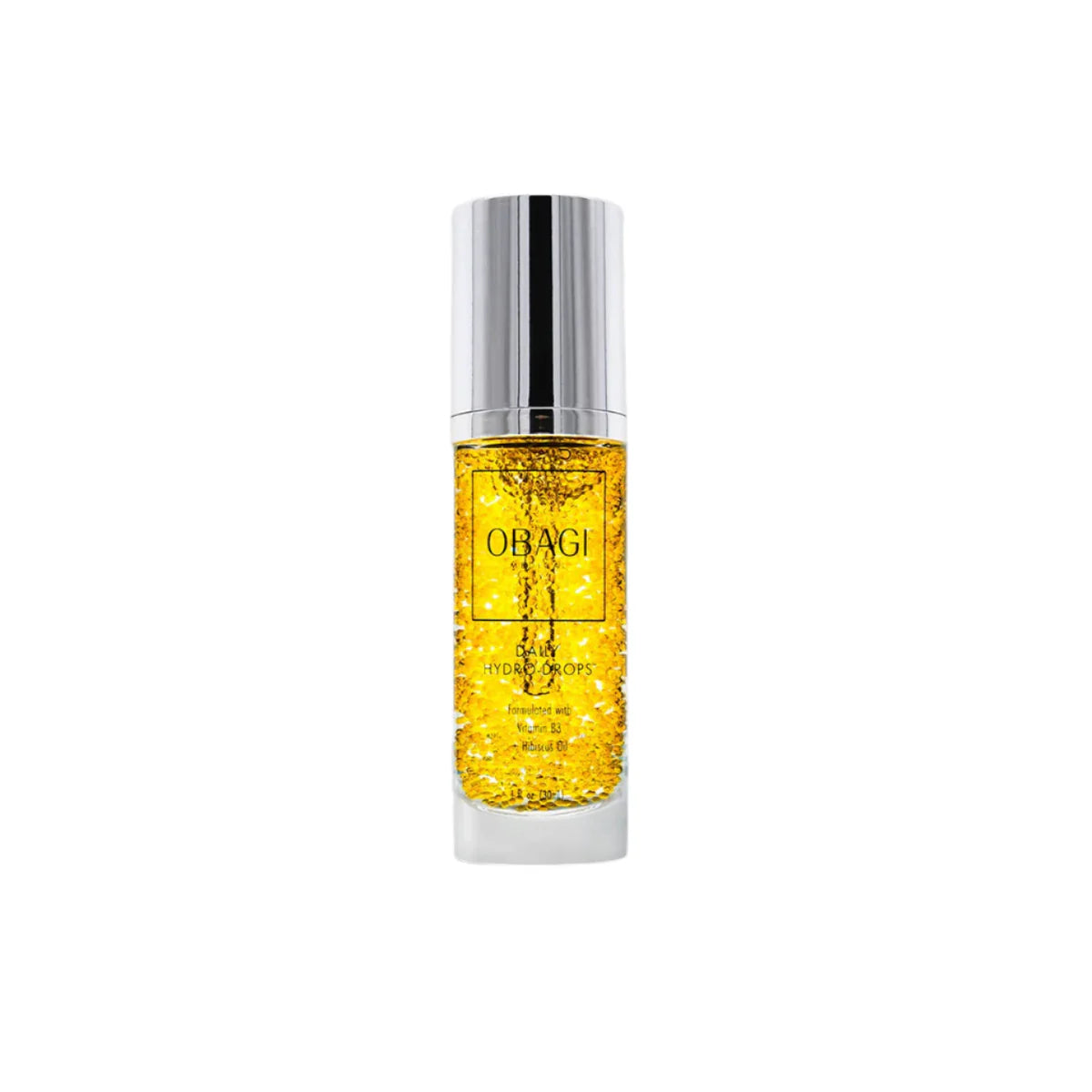 Obagi skincare serum bottle with yellow liquid on a white background
