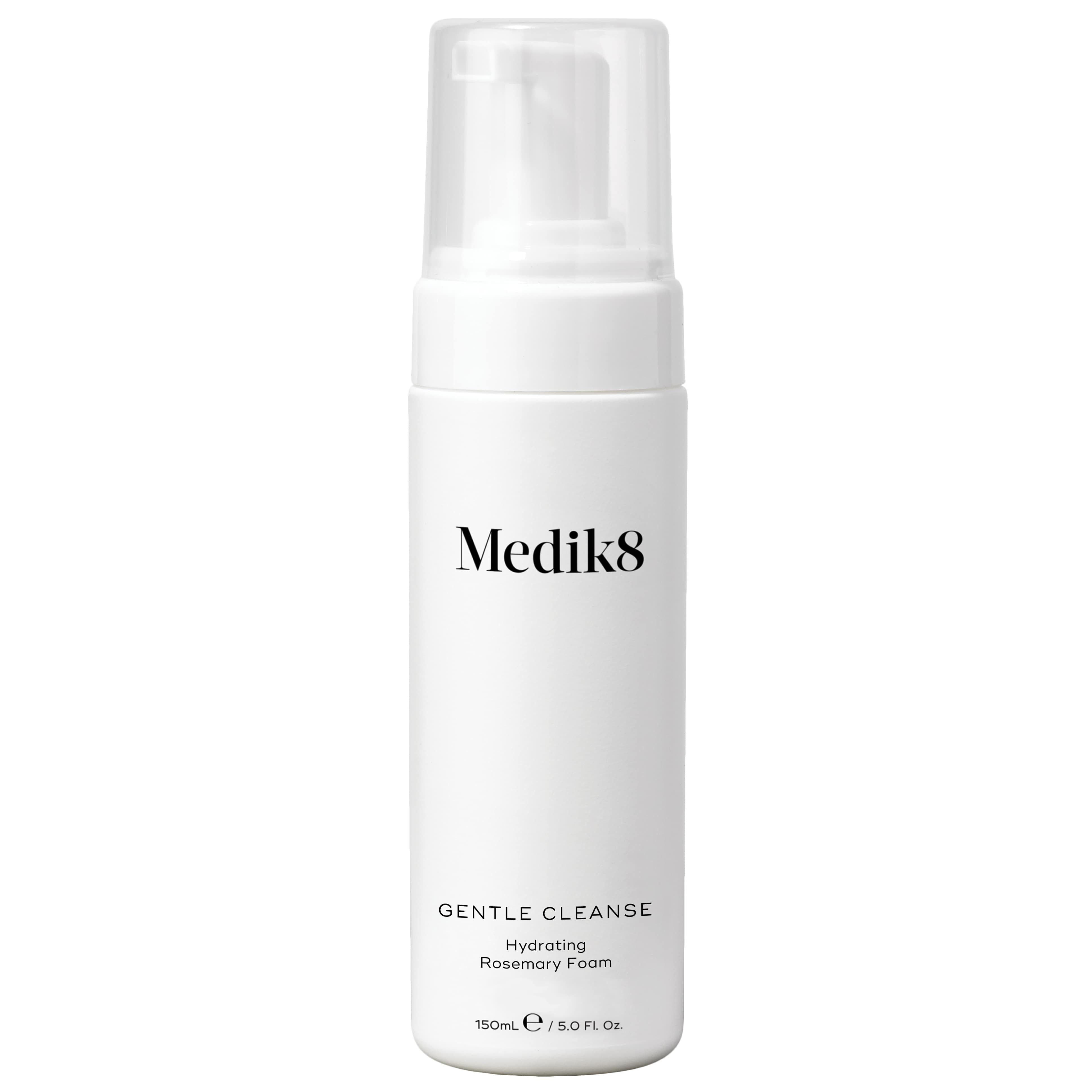 A pump bottle of Medik8 Gentle Cleanse, hydrating facial foam for sensitive skin, with a white and minimalistic design.