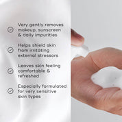 A woman applying Medik8 Gentle Cleanse, hydrating facial foam for sensitive skin, with a white and minimalistic design, alongside key benefits.