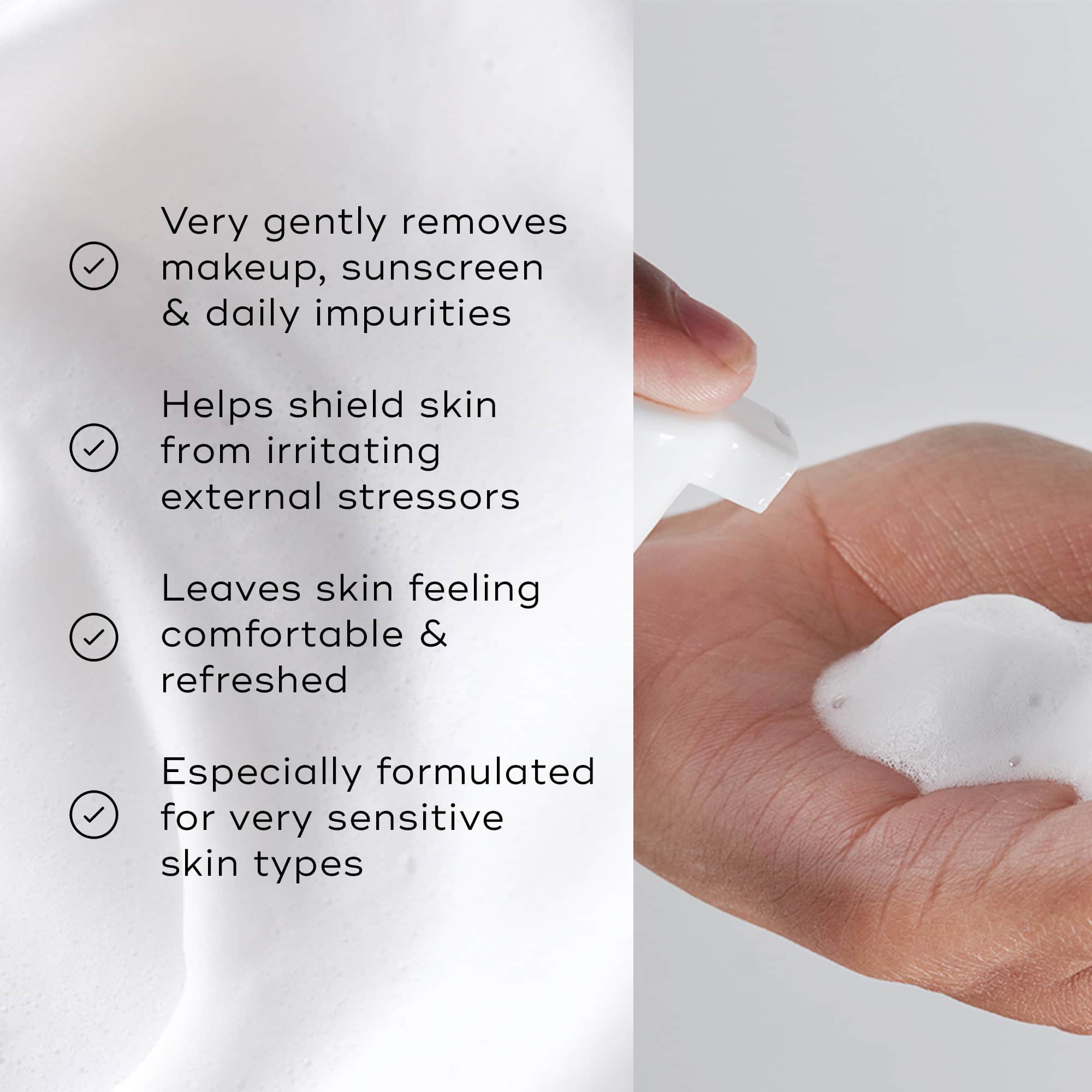 A woman applying Medik8 Gentle Cleanse, hydrating facial foam for sensitive skin, with a white and minimalistic design, alongside key benefits.