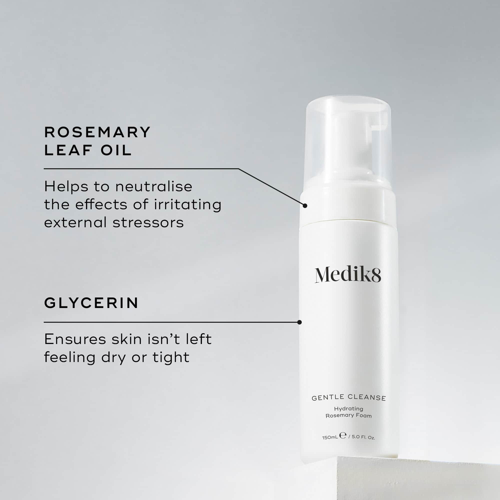 A pump bottle of Medik8 Gentle Cleanse, hydrating facial foam for sensitive skin, with a grey and minimalistic design, alongside key ingredients.