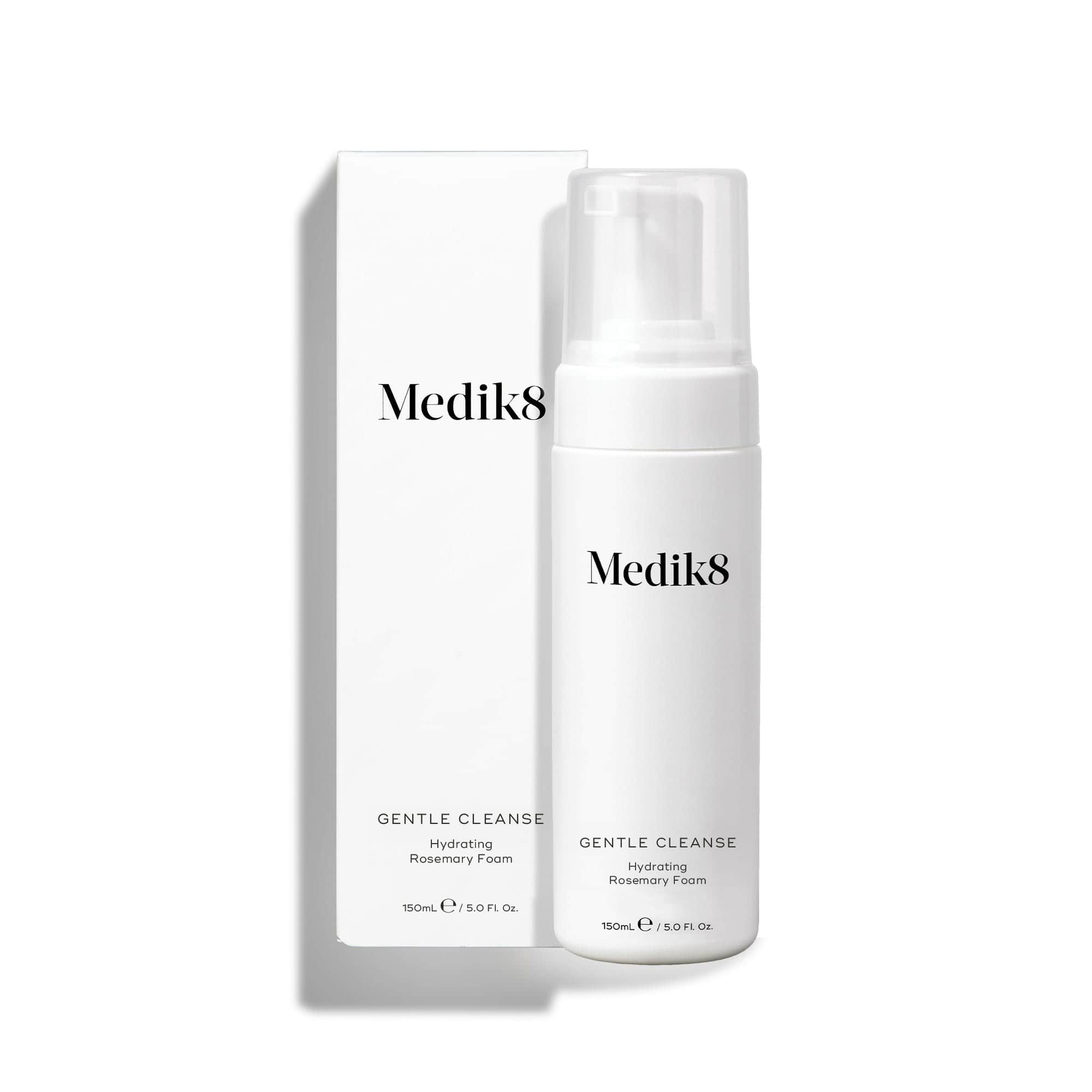 A pump bottle of Medik8 Gentle Cleanse, hydrating facial foam for sensitive skin, with a white and minimalistic design, alongside a box