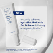 A white tube packaging of Obagi Hydrate Lightweight Moisturiser, alongside information about hydration