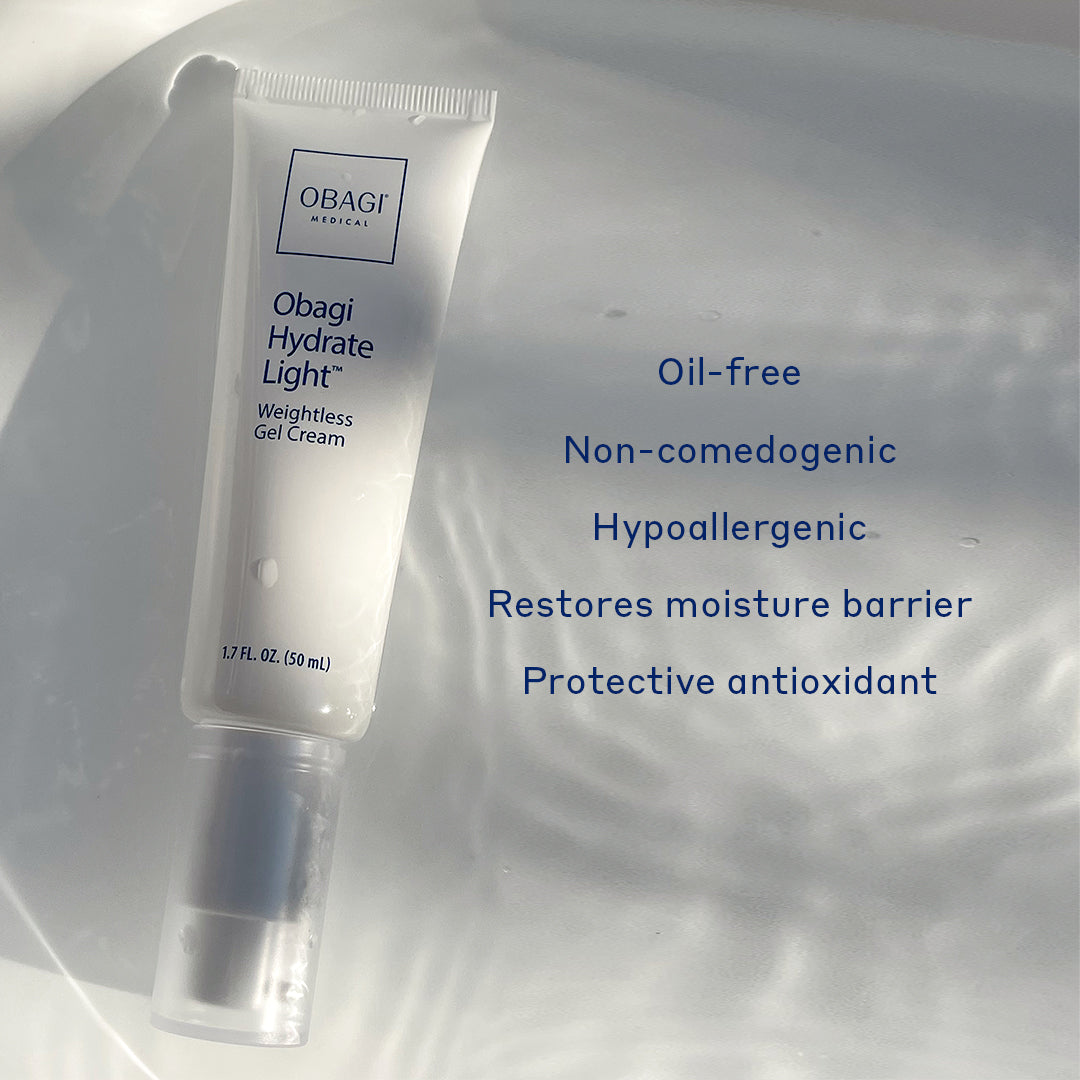 A white tube packaging of Obagi Hydrate Lightweight Moisturiser, alongside key benefits