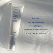 A white tube packaging of Obagi Hydrate Lightweight Moisturiser, alongside key benefits