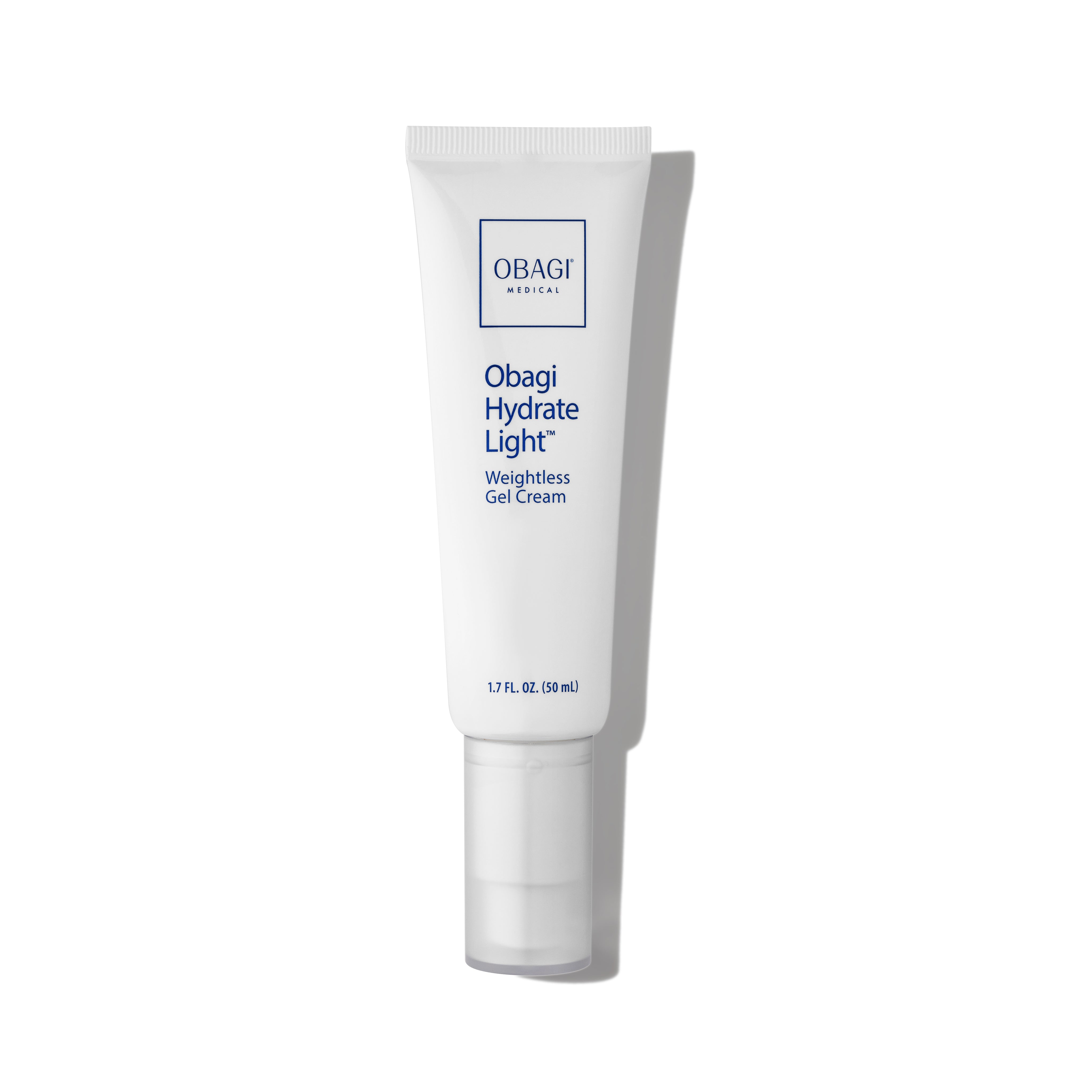 A white tube packaging of Obagi Hydrate Lightweight Moisturiser with blue and black text detailing the product name and brand.