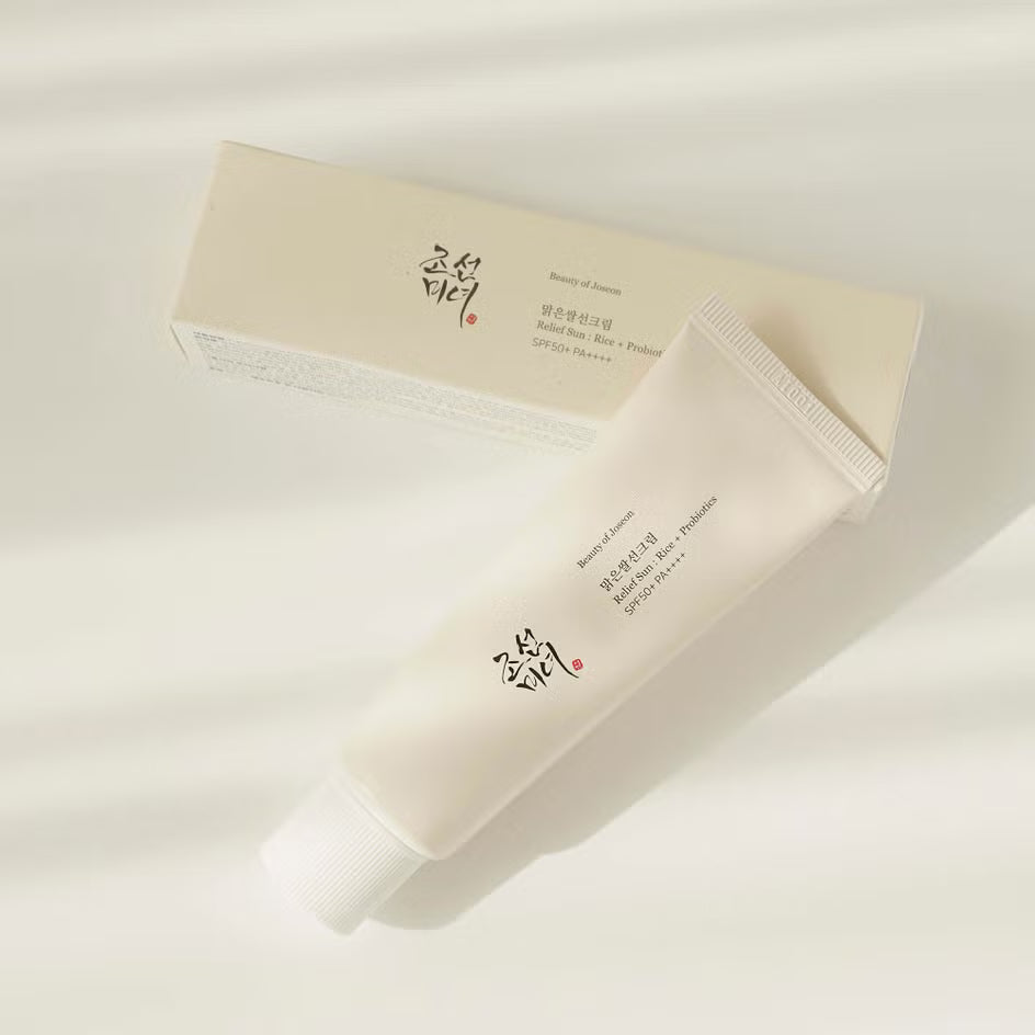 Beauty of Joseon Relief Sun Rice + Probiotics SPF50+ with packaging on a light background