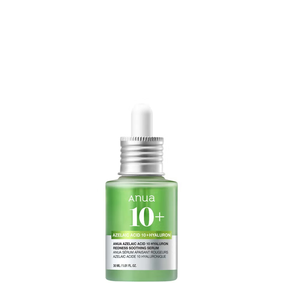 Skincare serum bottle with green label and silver cap on a white background