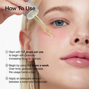 Close-up of a woman's face with dropper applying serum, accompanied by usage instructions.