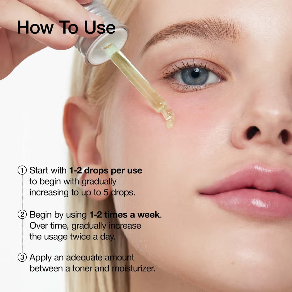 Close-up of a woman's face with dropper applying serum, accompanied by usage instructions.