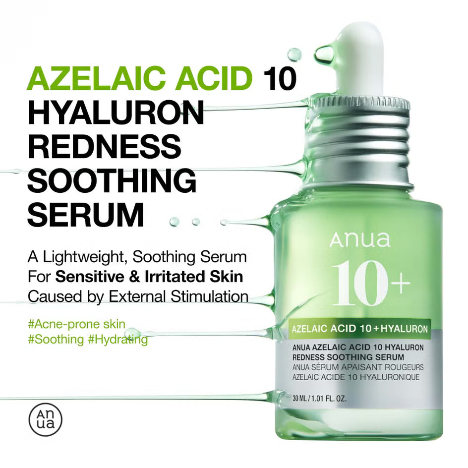 Anua Azelaic Acid 10 Hyaluron Redness Soothing Serum bottle with dropper on a white background