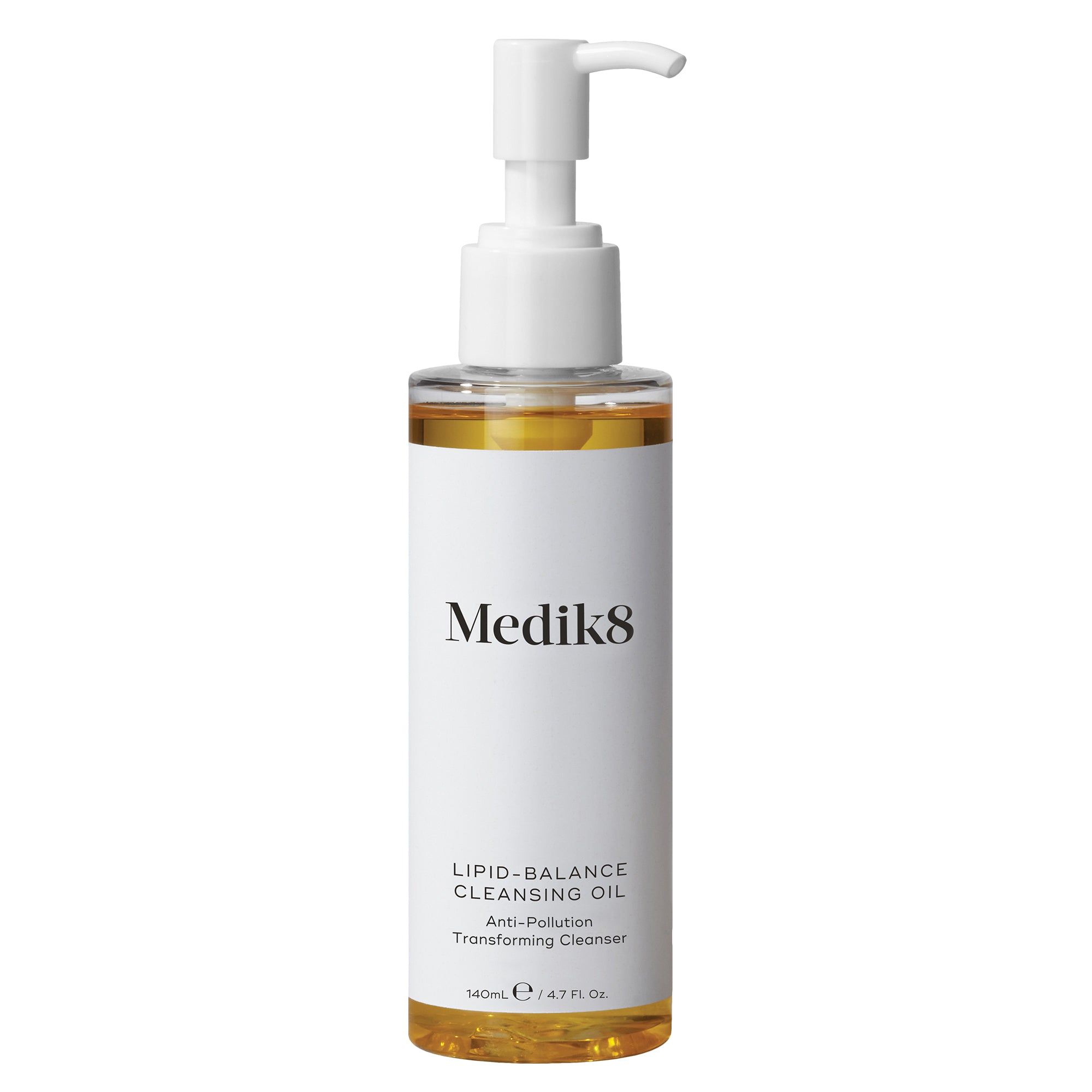 A pump bottle of Medik8 Lipid-Balance Cleansing Oil against a white background.