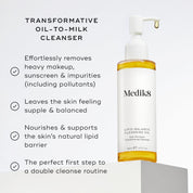 A pump bottle of Medik8 Lipid-Balance Cleansing Oil against a white background alongside key benefits