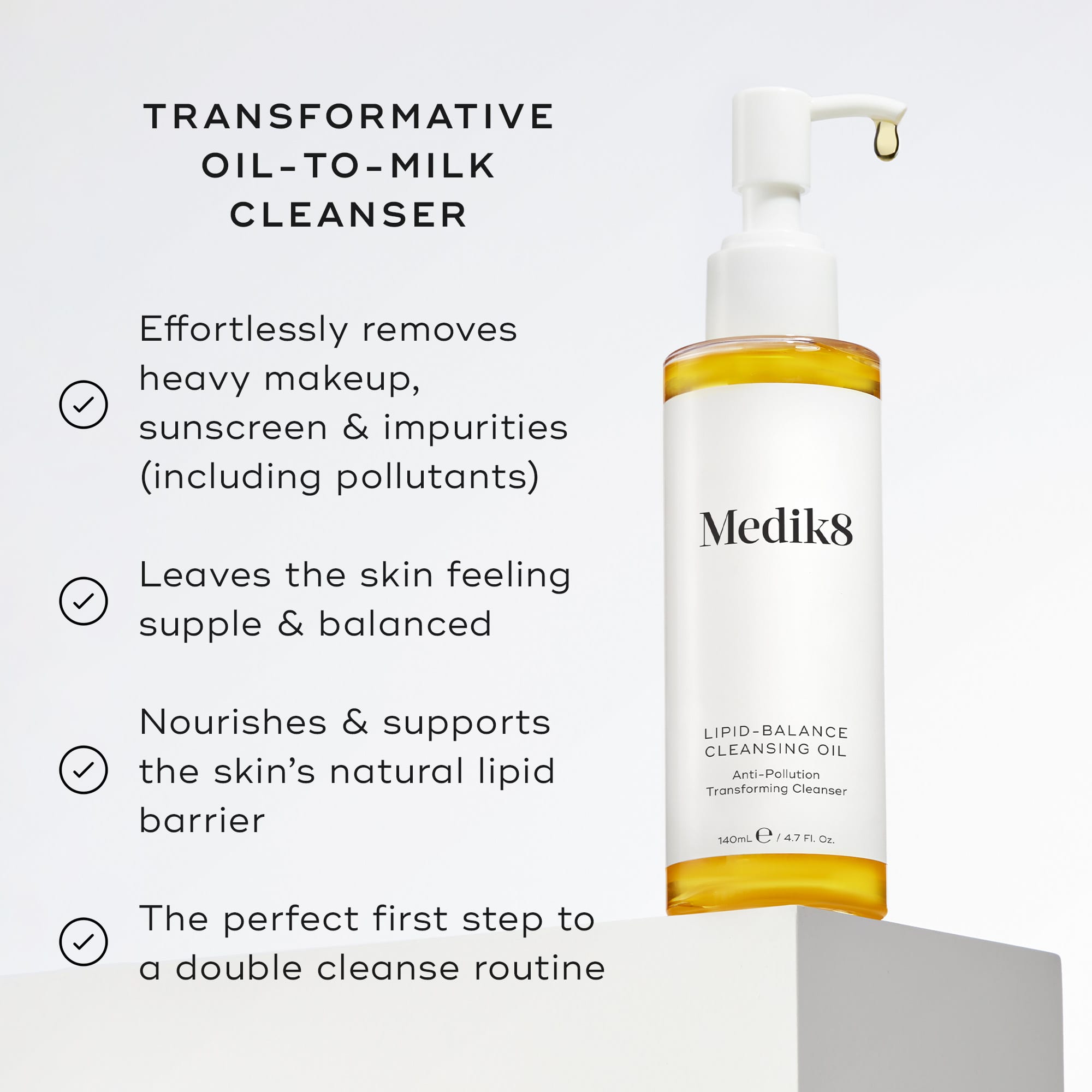 A pump bottle of Medik8 Lipid-Balance Cleansing Oil against a white background alongside key benefits