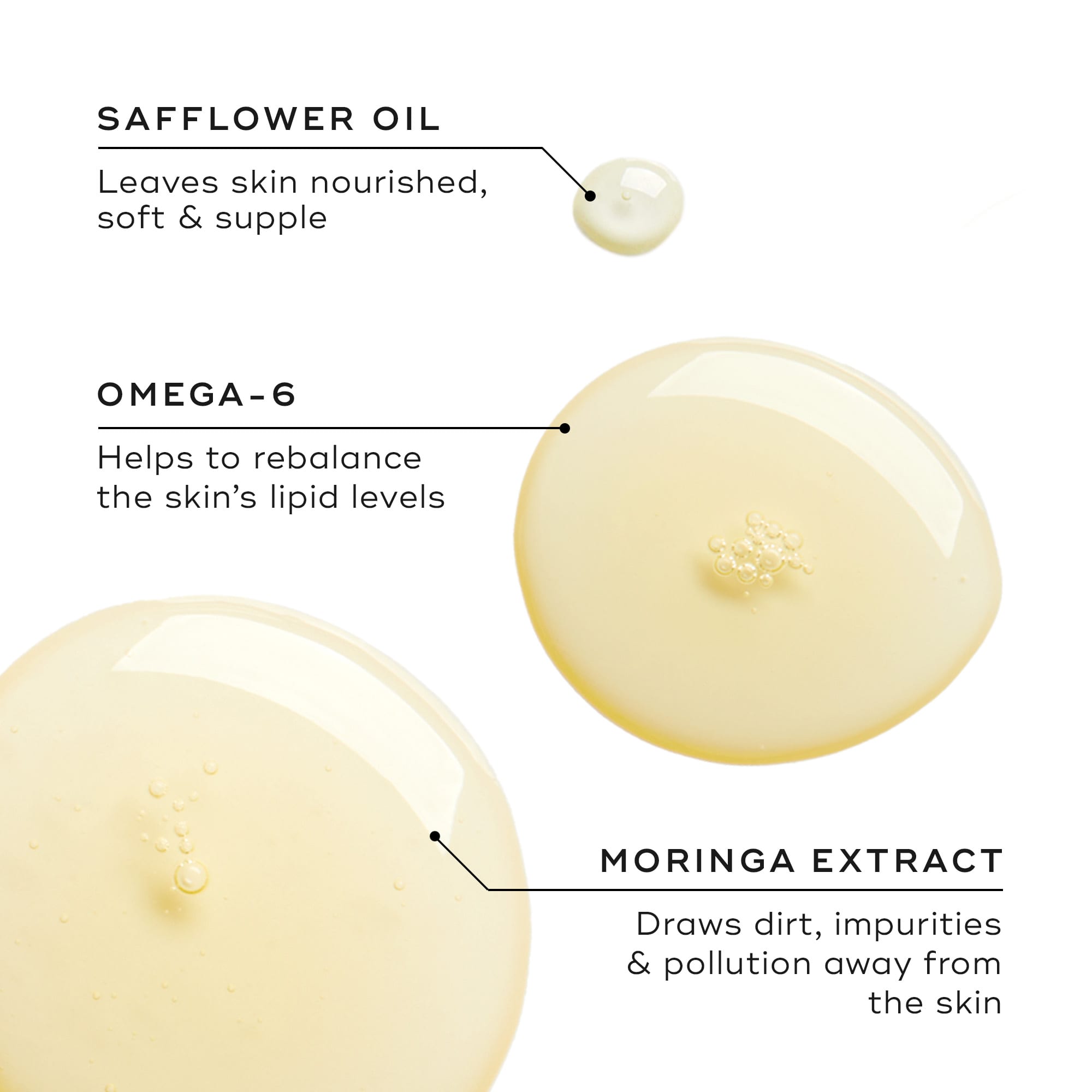 Key ingredients alongside Medik8 Lipid-Balance Cleansing Oil against a white background.